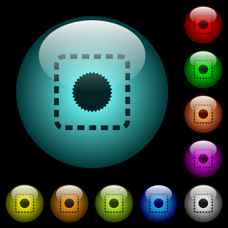Place certificate icons in color illuminated spherical glass buttons on black background. Can be used to black or dark templatesのイラスト素材