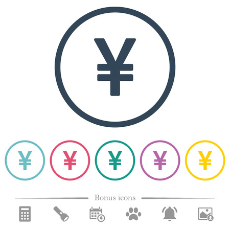 Japanese Yen sign flat color icons in round outlines. 6 bonus icons included.のイラスト素材