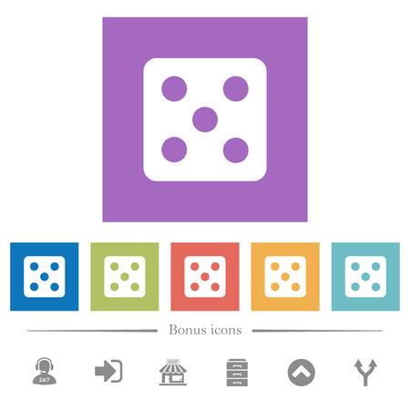Dice five flat white icons in square backgrounds. 6 bonus icons included.のイラスト素材