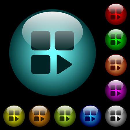 Component play icons in color illuminated spherical glass buttons on black background. Can be used to black or dark templatesのイラスト素材