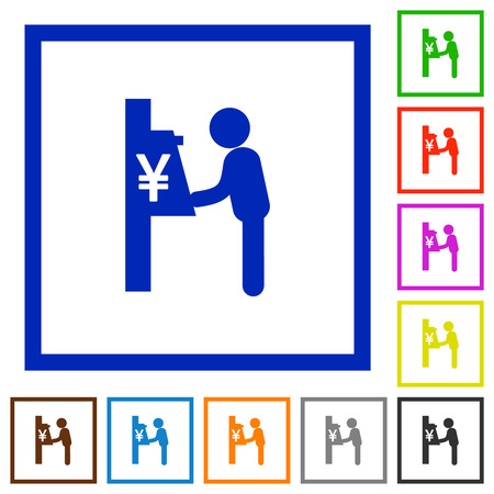 Yen cash machine flat color icons in square frames on white backgroundのイラスト素材