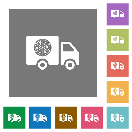 Pizza delivery truck flat icons on simple color square backgroundsのイラスト素材