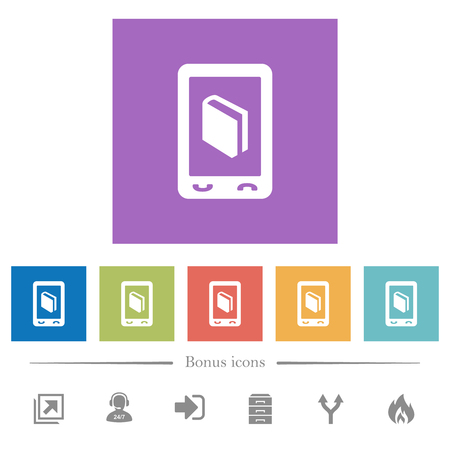 Mobile dictionary flat white icons in square backgrounds. 6 bonus icons included.のイラスト素材
