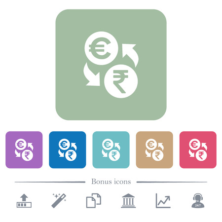 Euro Rupee money exchange white flat icons on color rounded square backgrounds. 6 bonus icons includedのイラスト素材