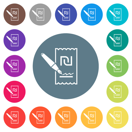 Signing new Shekel cheque flat white icons on round color backgrounds. 17 background color variations are included.のイラスト素材