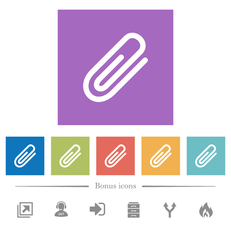 Attachment flat white icons in square backgrounds. 6 bonus icons included.のイラスト素材