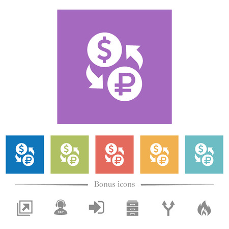 Dollar Ruble money exchange flat white icons in square backgrounds. 6 bonus icons included.のイラスト素材