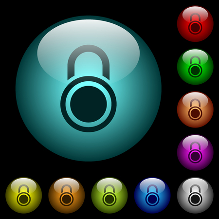 Locked round padlock icons in color illuminated spherical glass buttons on black background. Can be used to black or dark templatesのイラスト素材