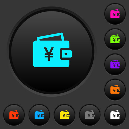 Yen wallet dark push buttons with vivid color icons on dark grey backgroundのイラスト素材
