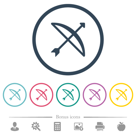 Bow with arrow flat color icons in round outlines. 6 bonus icons included.のイラスト素材