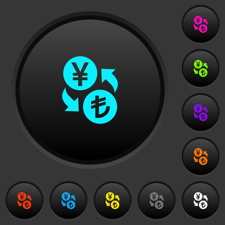 Yen Lira money exchange dark push buttons with vivid color icons on dark grey backgroundのイラスト素材
