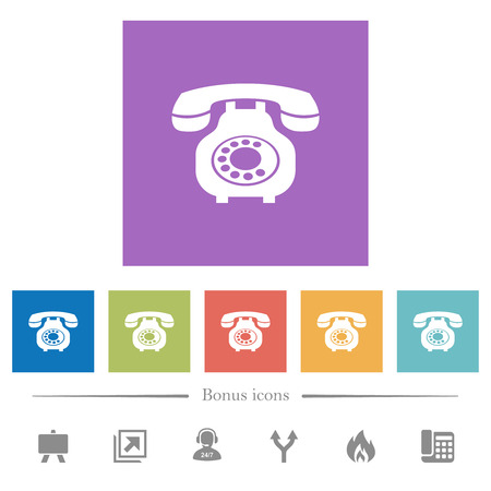 Vintage retro telephone flat white icons in square backgrounds. 6 bonus icons included.のイラスト素材