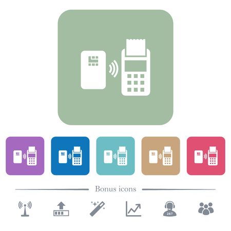 Contactless payment white flat icons on color rounded square backgrounds. 6 bonus icons includedのイラスト素材