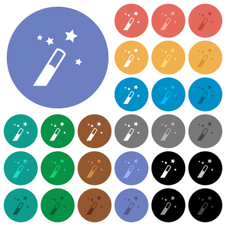 Magic wand multi colored flat icons on round backgrounds. Included white, light and dark icon variations for hover and active status effects, and bonus shades.のイラスト素材
