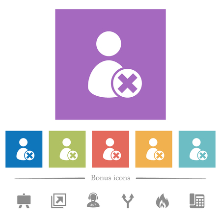 Cancel user account flat white icons in square backgrounds. 6 bonus icons included.のイラスト素材