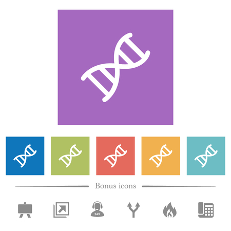 DNA molecule flat white icons in square backgrounds. 6 bonus icons included.のイラスト素材