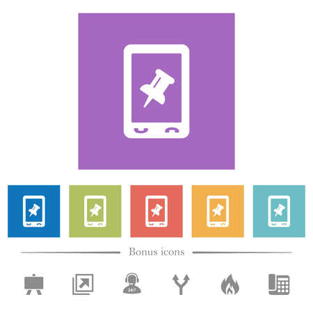 Mobile pin data flat white icons in square backgrounds. 6 bonus icons included.のイラスト素材