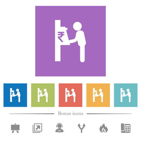 Rupee cash machine flat white icons in square backgrounds. 6 bonus icons included.のイラスト素材