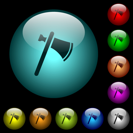 Single tomahawk icons in color illuminated spherical glass buttons on black background. Can be used to black or dark templatesのイラスト素材