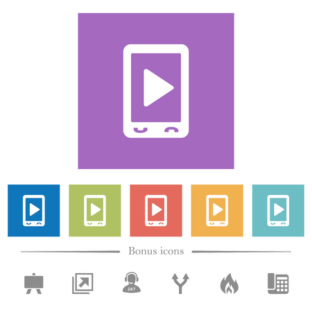 Mobile play media flat white icons in square backgrounds. 6 bonus icons included.のイラスト素材