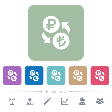 Ruble Lira money exchange white flat icons on color rounded square backgrounds. 6 bonus icons includedのイラスト素材