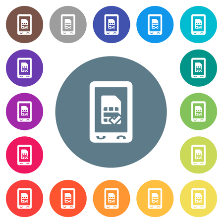 Mobile simcard accepted flat white icons on round color backgrounds. 17 background color variations are included.のイラスト素材