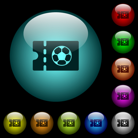 Soccer discount coupon icons in color illuminated spherical glass buttons on black background. Can be used to black or dark templatesのイラスト素材