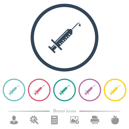 Syringe with drop flat color icons in round outlines. 6 bonus icons included.のイラスト素材