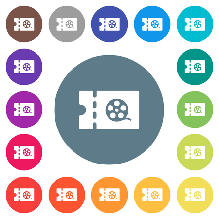 Movie discount coupon flat white icons on round color backgrounds. 17 background color variations are included.のイラスト素材