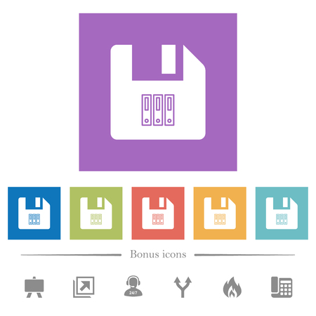 Archive file flat white icons in square backgrounds. 6 bonus icons included.のイラスト素材