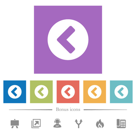 Chevron left flat white icons in square backgrounds. 6 bonus icons included.のイラスト素材