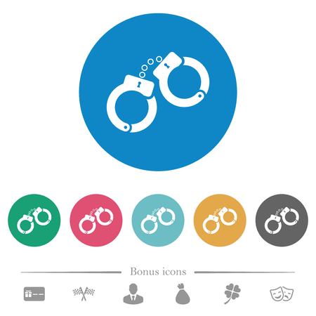 Handcuffs flat white icons on round color backgrounds. 6 bonus icons included.のイラスト素材
