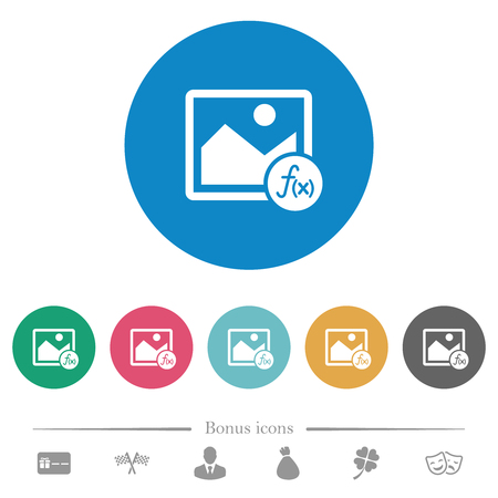 Image effects flat white icons on round color backgrounds. 6 bonus icons included.のイラスト素材