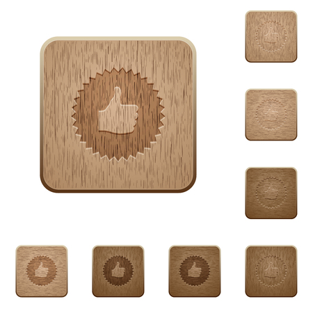 Thumbs up sticker on rounded square carved wooden button stylesのイラスト素材