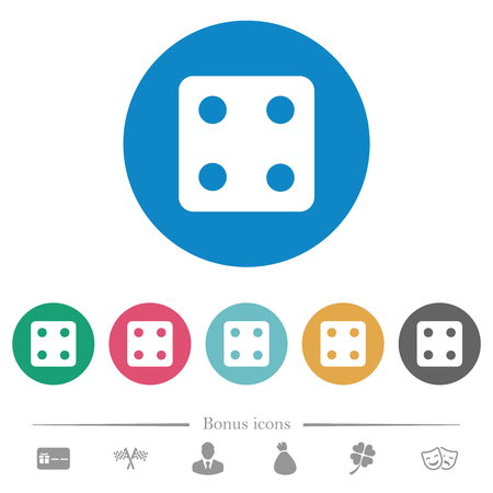 Dice four flat white icons on round color backgrounds. 6 bonus icons included.のイラスト素材