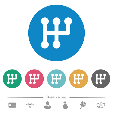 Manual shift flat white icons on round color backgrounds. 6 bonus icons included.のイラスト素材