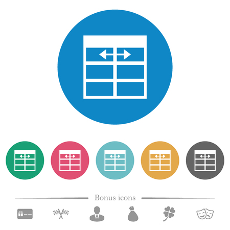Spreadsheet adjust table column width flat white icons on round color backgrounds. 6 bonus icons included.のイラスト素材