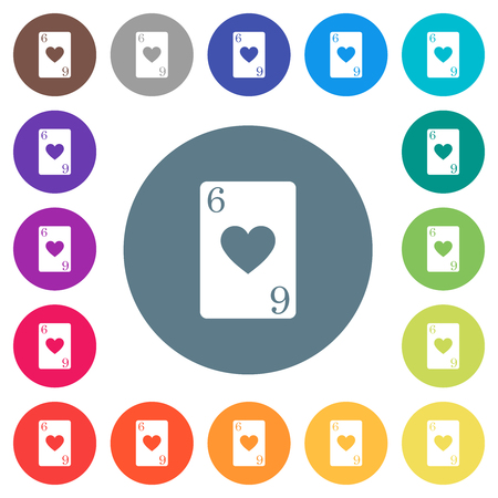 Six of hearts card flat white icons on round color backgrounds. 17 background color variations are included.のイラスト素材