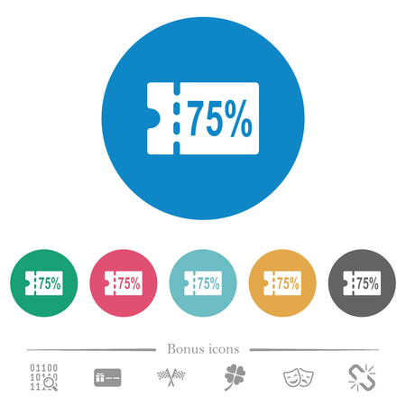 75 percent discount coupon flat white icons on round color backgrounds. 6 bonus icons included.のイラスト素材