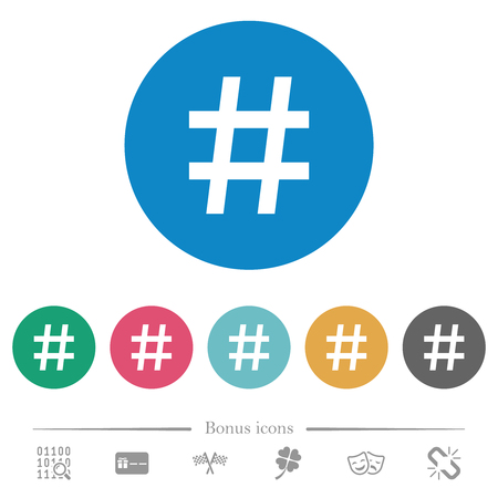 Hash tag flat white icons on round color backgrounds. 6 bonus icons included.のイラスト素材