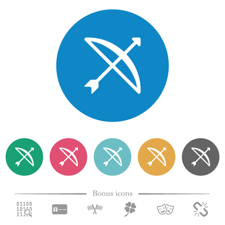 Bow with arrow flat white icons on round color backgrounds. 6 bonus icons included.のイラスト素材