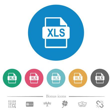 XLS file format flat white icons on round color backgrounds. 6 bonus icons included.のイラスト素材