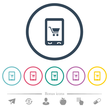Mobile shopping flat color icons in round outlines. 6 bonus icons included.のイラスト素材
