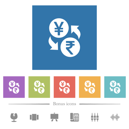 Yen Rupee money exchange flat white icons in square backgrounds. 6 bonus icons included.のイラスト素材