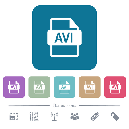 AVI file format white flat icons on color rounded square backgrounds. 6 bonus icons includedのイラスト素材