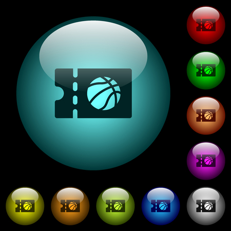 Basketball discount coupon icons in color illuminated spherical glass buttons on black background. Can be used to black or dark templatesのイラスト素材