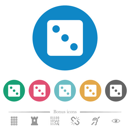 Dice three flat white icons on round color backgrounds. 6 bonus icons included.のイラスト素材