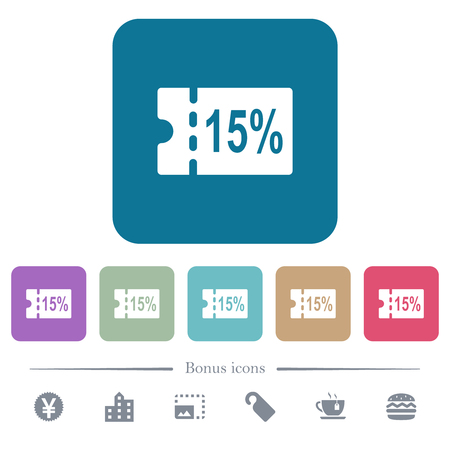 15 percent discount coupon white flat icons on color rounded square backgrounds. 6 bonus icons includedのイラスト素材