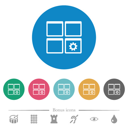 Dashboard settings flat white icons on round color backgrounds. 6 bonus icons included.のイラスト素材