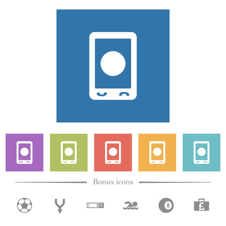 Mobile media record flat white icons in square backgrounds. 6 bonus icons included.のイラスト素材